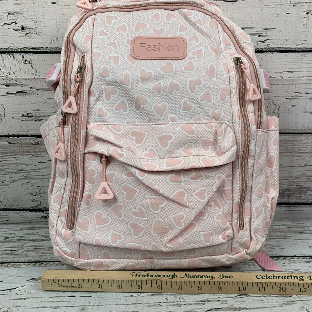 Fashion Pink Heart Pattern Backpack School Book‎ Bag Multiple Compartments - Image 4
