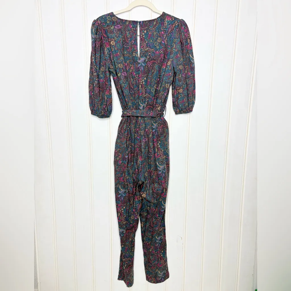 EVEREVE Floral Ember Jumpsuit Size XS Puff Sleeve Belt Cropped Purple Teal 625 - Image 12