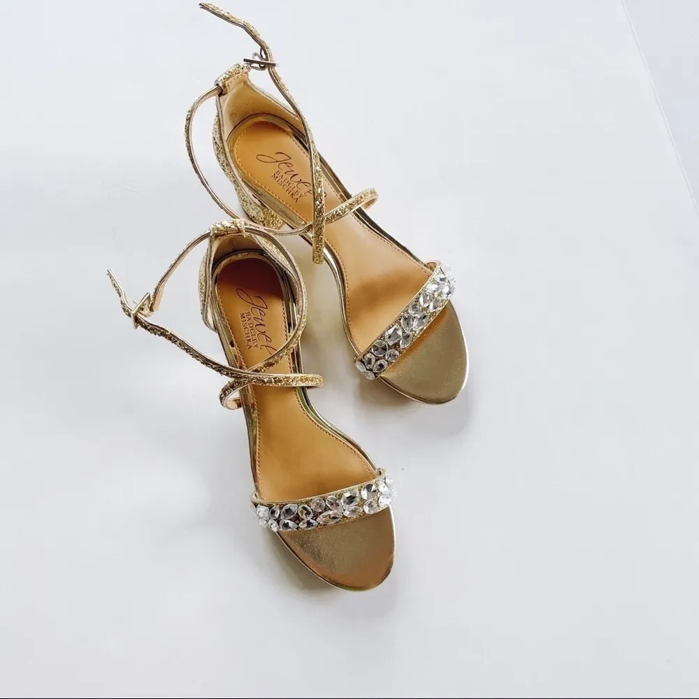 NEW Jewel By Badgley Mischka Women's Glitter Low Block Gold High Heel Sandal 5.5 - Image 5