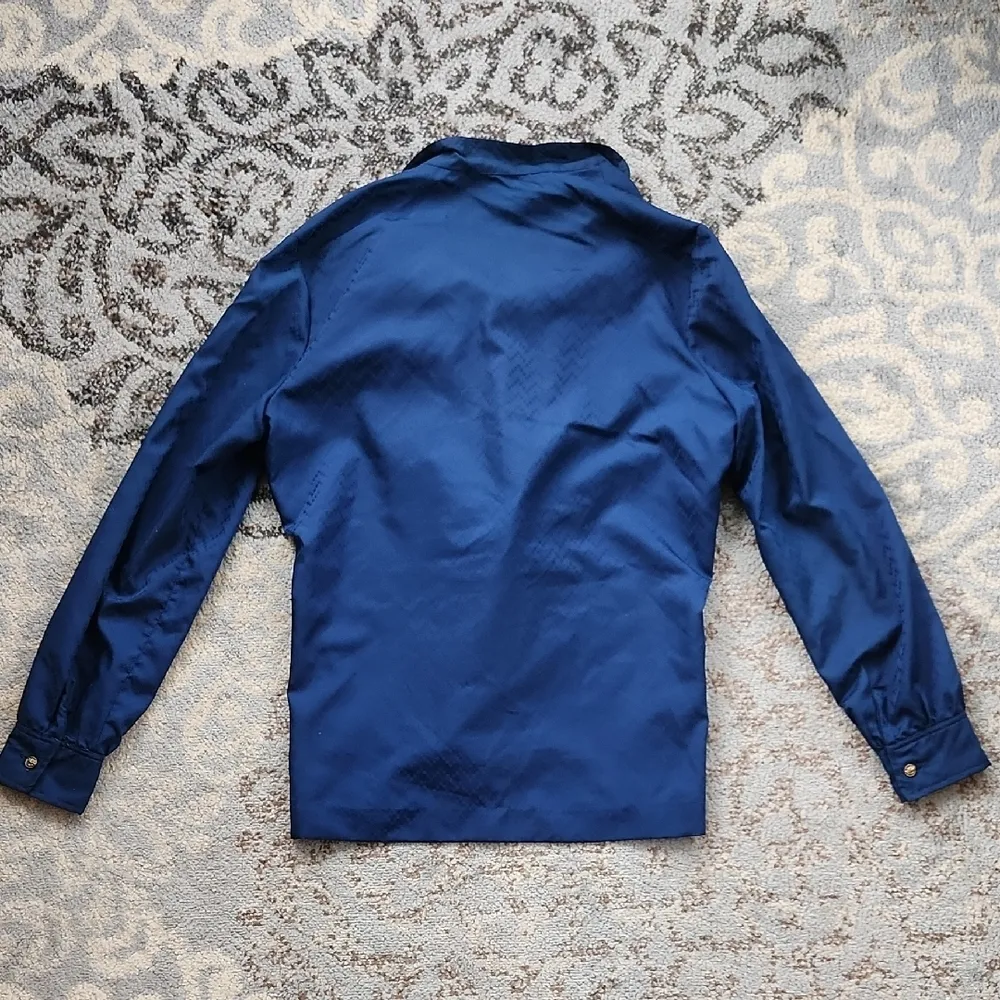 Vintage Button Down Silky Top With Tie Front Navy 16 Blue - Image 6