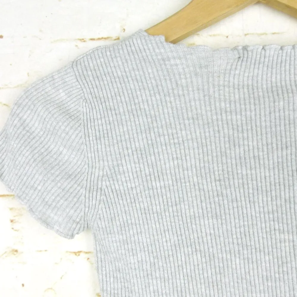 Brandy Melville Ribbed Crop Top Womens One Size Gray Lettuce Hem Short Sleeve - Image 8