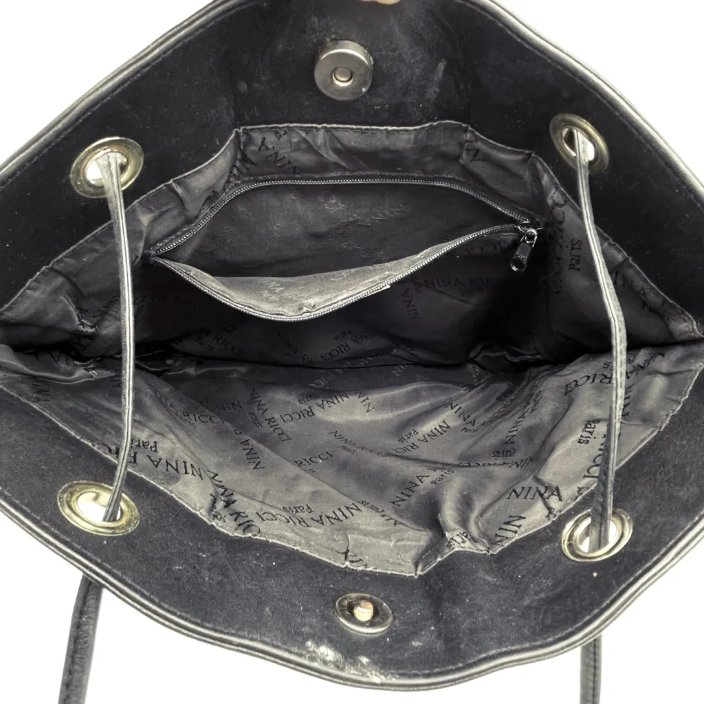 Nina Ricci Black Leather Tote Bag Drawstring Shoulder Purse Quilted Chevron - Image 9