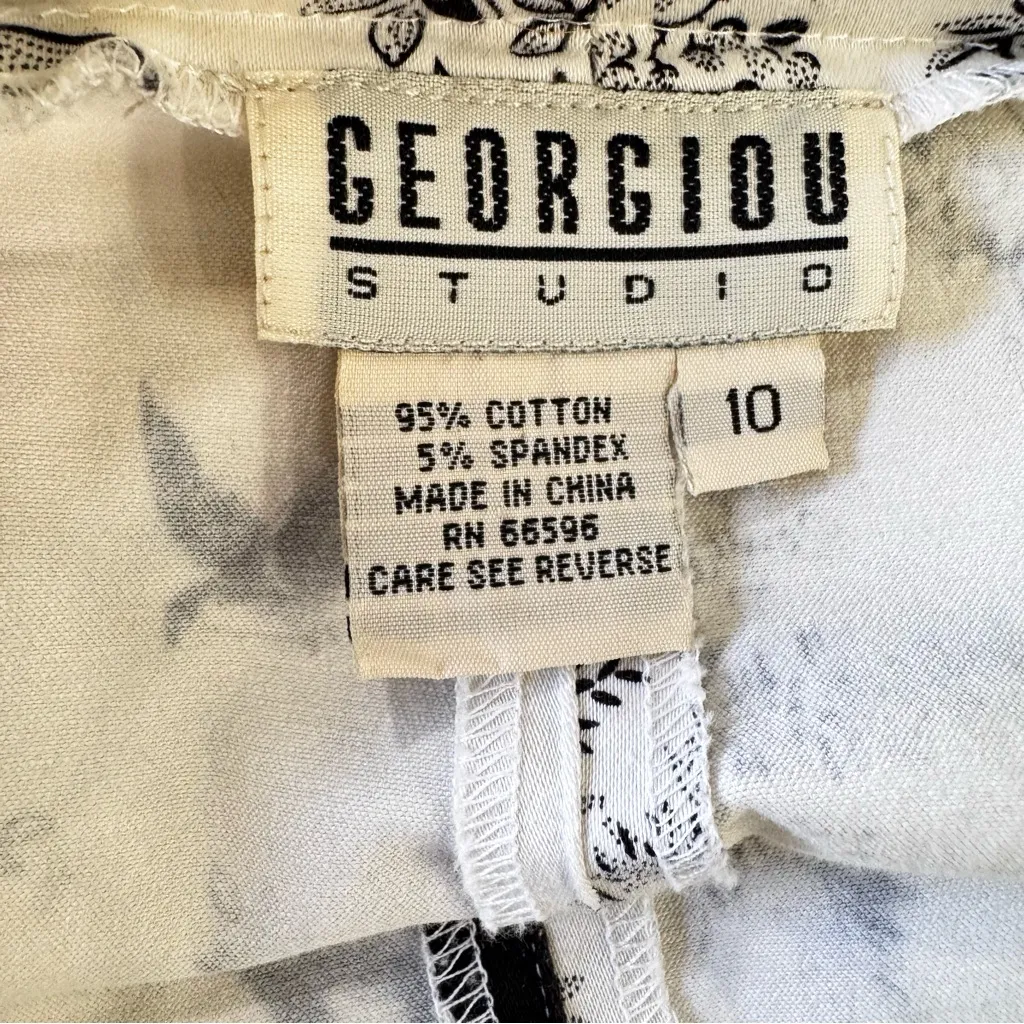 Vintage Georgiou Studios Ivory Pants Black Print Asian Gardens Birds Flowers 10 White - Image 5