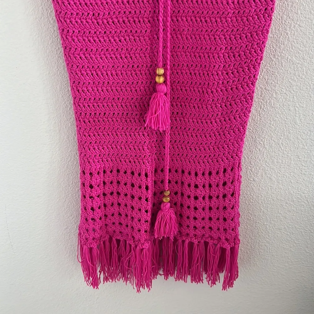 The Sang  Crochet Knit Fringe Midi Skirt Drawstring Tassel Waist Pink Small - Image 4