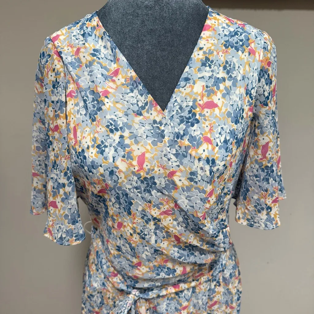 Ralph Lauren Midi Wrap Dress 8 Blue Georgette Floral Belted Chiffon Flounce - Image 2