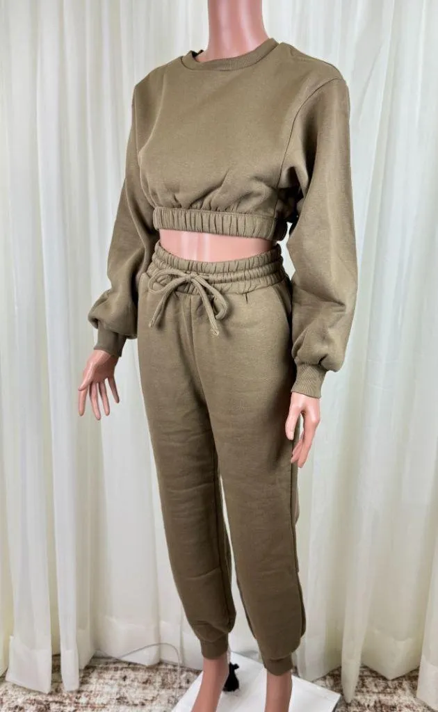 Zenana 2 Pcs Crop Sweatshirt Tracksuit Jogger Pants Set Outfit Active Loungewear XS Dusty Green - Image 3