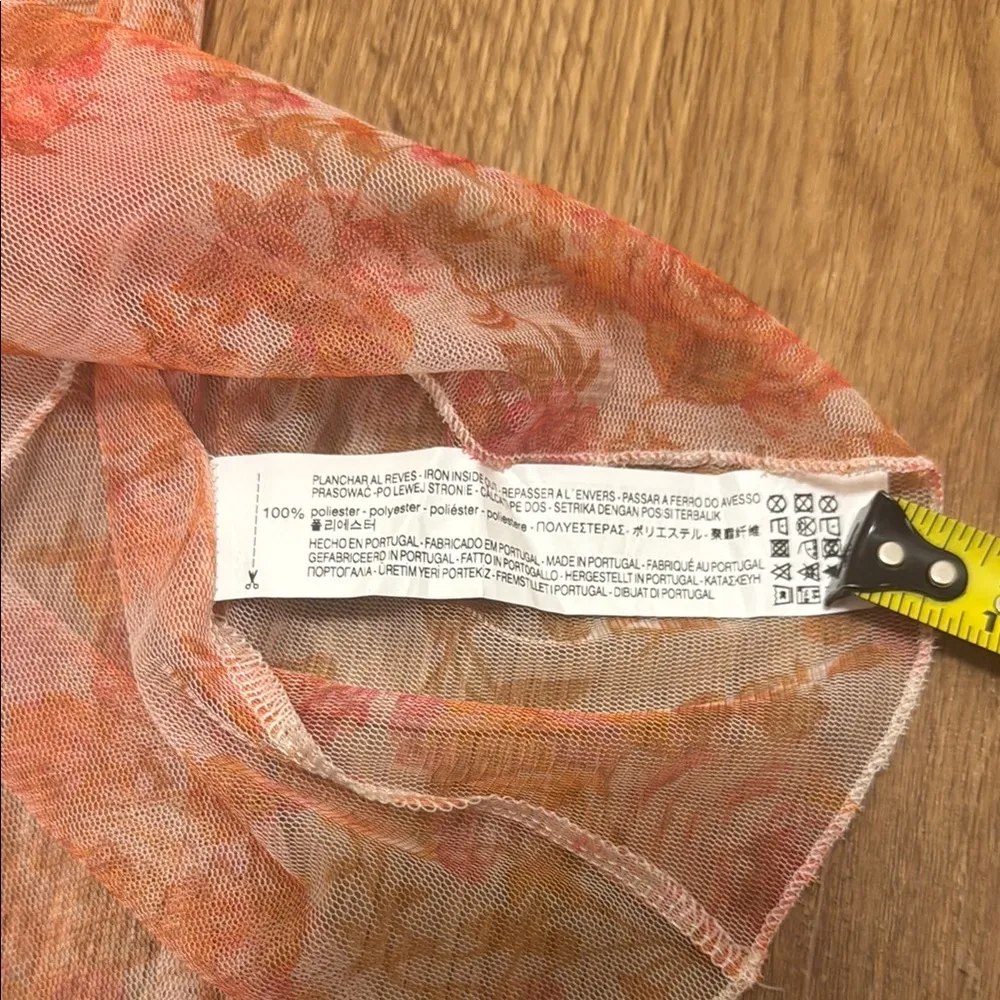 Zara Small Orange & Pink Rose Floral Print Mesh Sheer Long Sleeve Ruched Blouse - Image 6