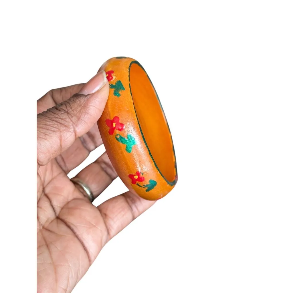 Vintage Hand Painted Wooden Bangle Bracelet, Folk Art Floral Wood Bracelet, Boho Orange - Image 4