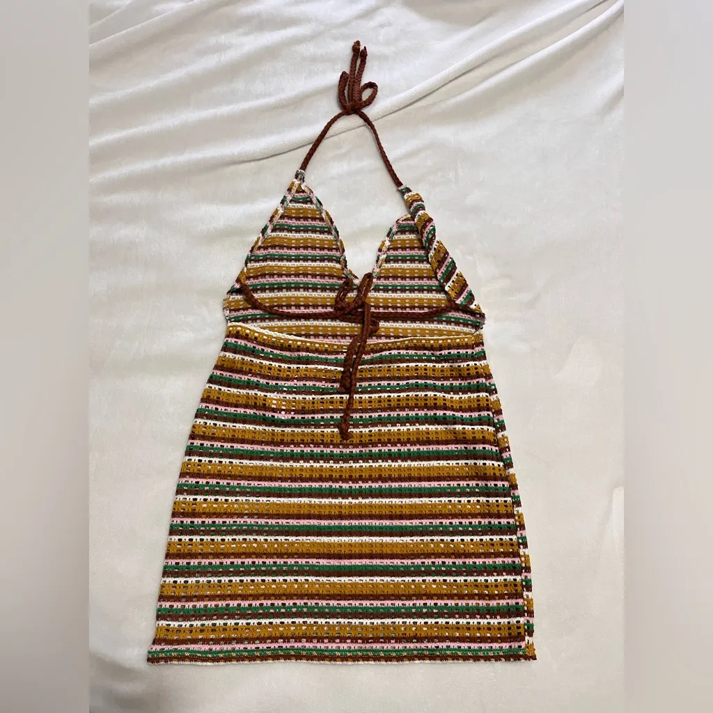 WILD FABLE Crochet Knit Halter Top Mini Dress Cover Up Earthy Sz M NWT - Image 4
