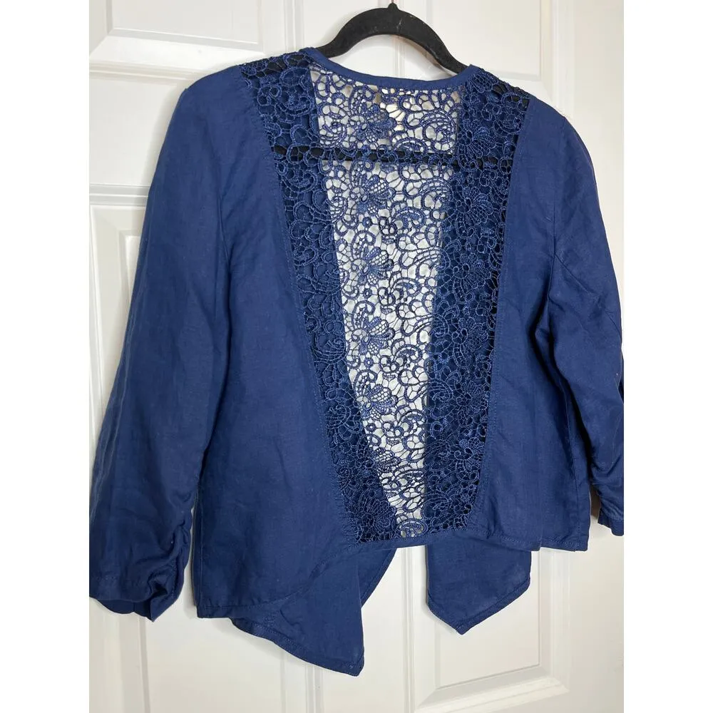 Chicos Medium Chicos Size 1 Open Front Ruched Sleeve Blue Lace Back Shirt Linen? - Image 3