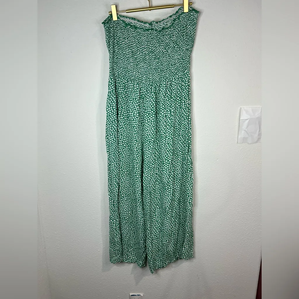 Green Smocked Strapless Jumpsuit | Polka Dot Print Wide Leg One Piece | Size XL - Image 4