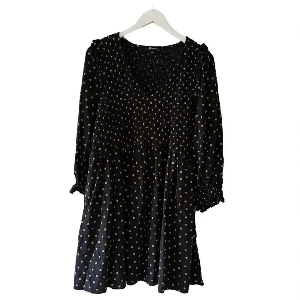 Madewell Black Gold Lucie V-Neck Smocked Mini  Oval Dot Baby Doll SZ XL #1862 - Image 4