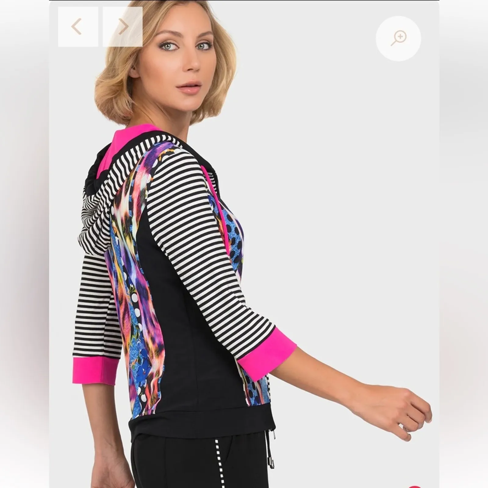 Joseph Ribkoff Hoodie Jacket Full Zip Punk 80s Stretch Pink Black Athleisure - Image 6