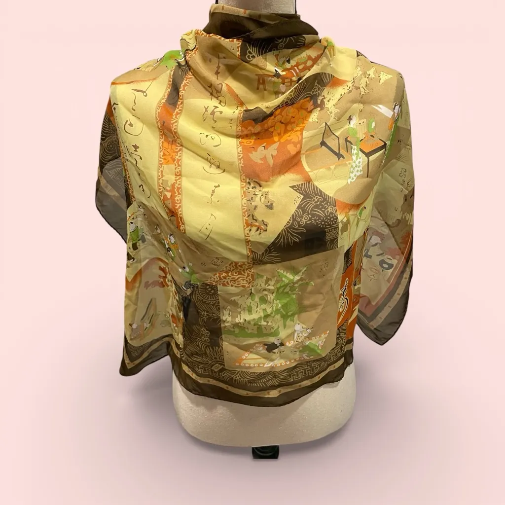 Beautiful vintage sheer silky Asian life theme earth tones scarf 27” x 27” Green - Image 3