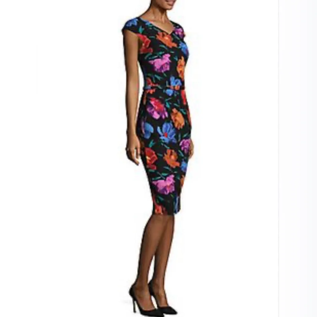 David Meister Cap Sleeve Belted Floral Print Stretch Lined Sheath Dress Size 10 - Image 2