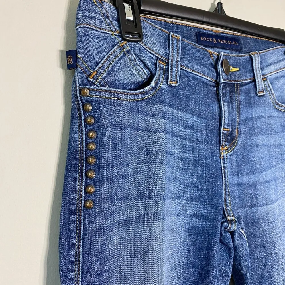 Rock & Republic Kasandra Studded Bootcut Denim Blue Jeans Womens Size 4 Low Rise - Image 7