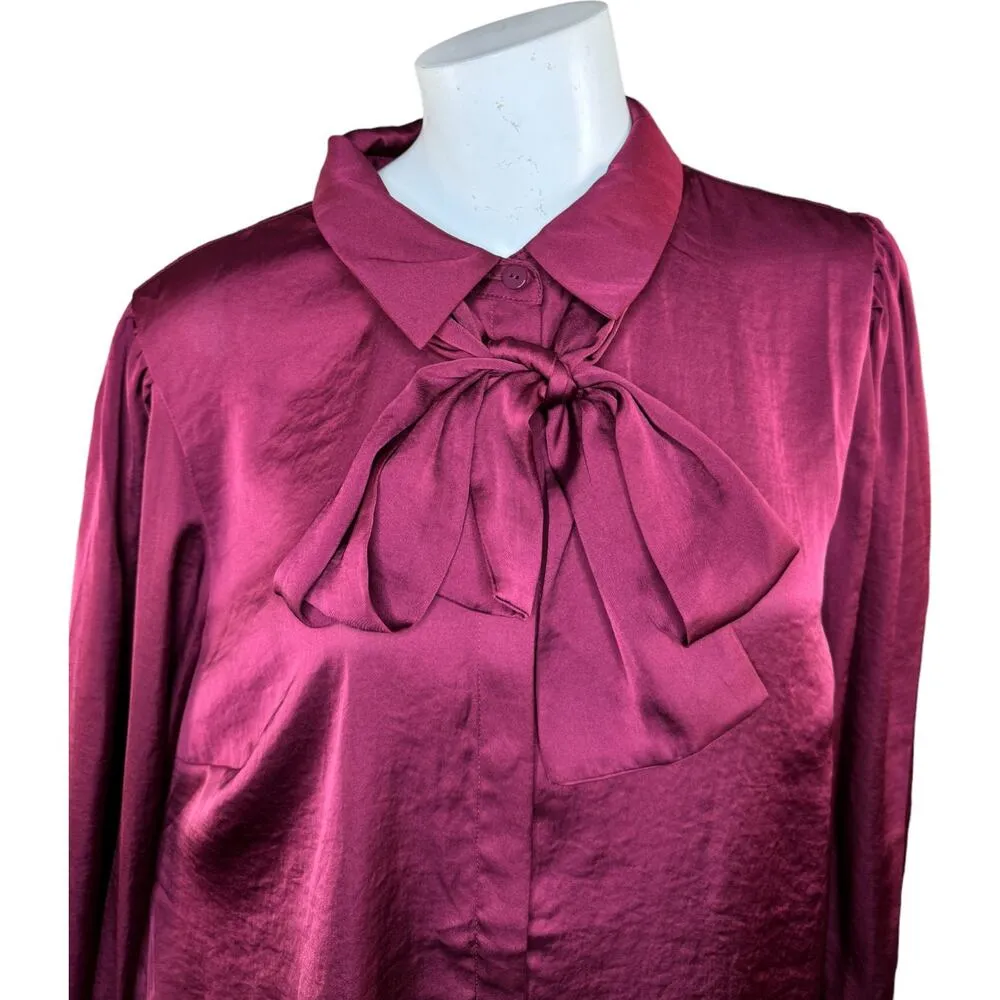 Dennis Basso Button-Front Blouse Tie Neck Raspberry Kiss Medium NWOT - Image 2