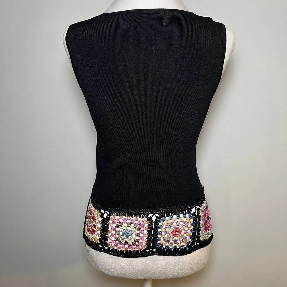 Vintage‎ Petite Crochet Tank Top Vest Black Small Festival Cottage Boho Hippie - Image 2