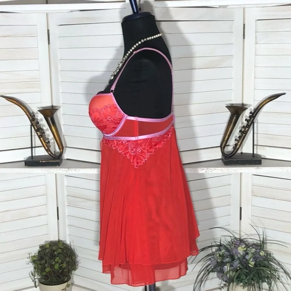 Auden Intimates Babydoll Lingerie Underwire Padded Lace Mesh Red Pink Size Small - Image 4