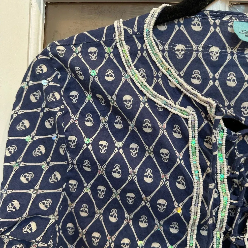 Letarte Skull Tunic Coverup Dress Navy Blue Sequin Bead 3/4 Sleeve Blouse Size S White - Image 5