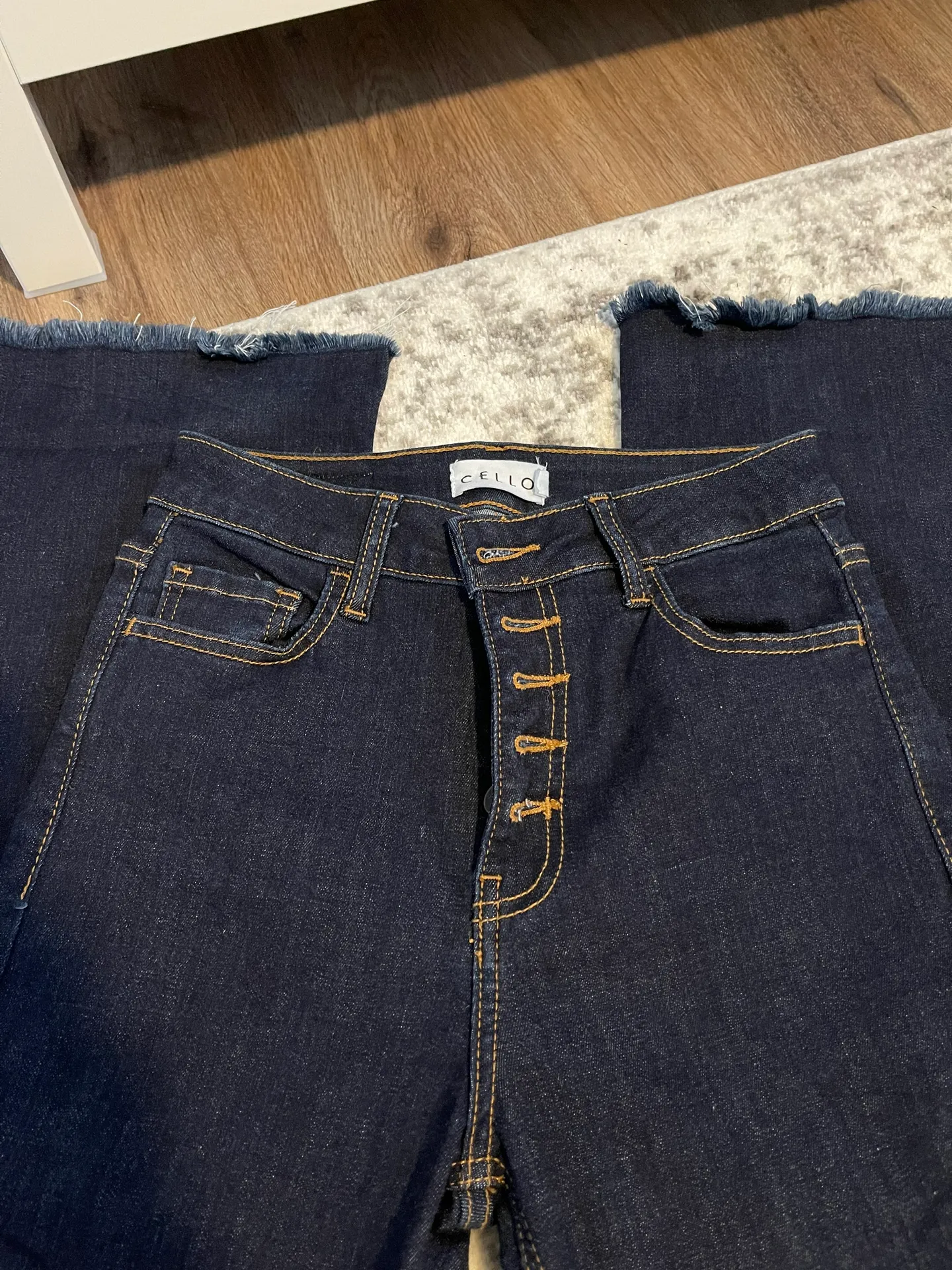 Dark Wash High Rise Frayed Flare Jeans - Image 4