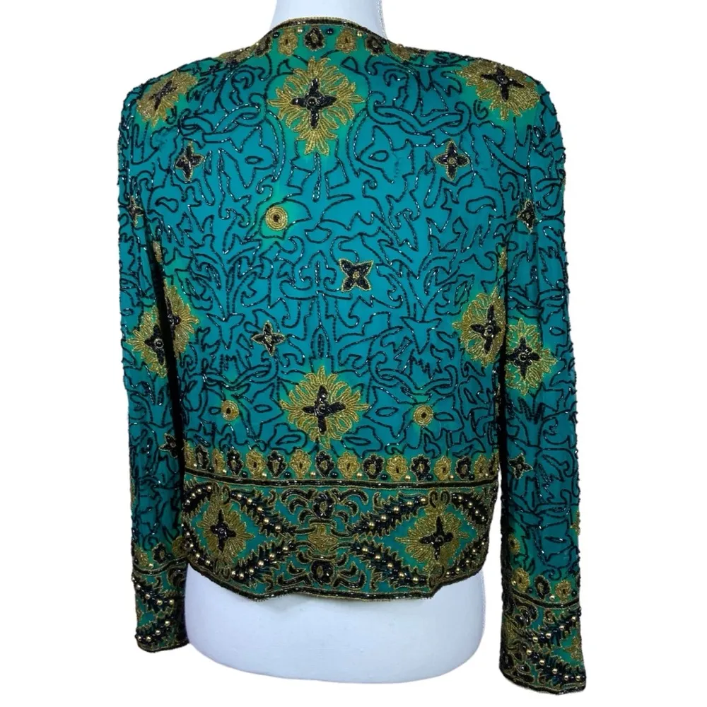 Vintage Silk Adrianna Papell Evening Dinner Jacket Beaded Turquoise Teal SM - Image 2