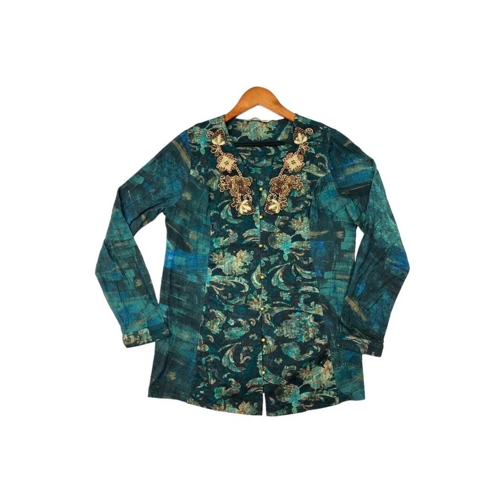Soft Surroundings Del Bosque Starry Night Top Womens Med Green Floral Gold Beads - Image 2