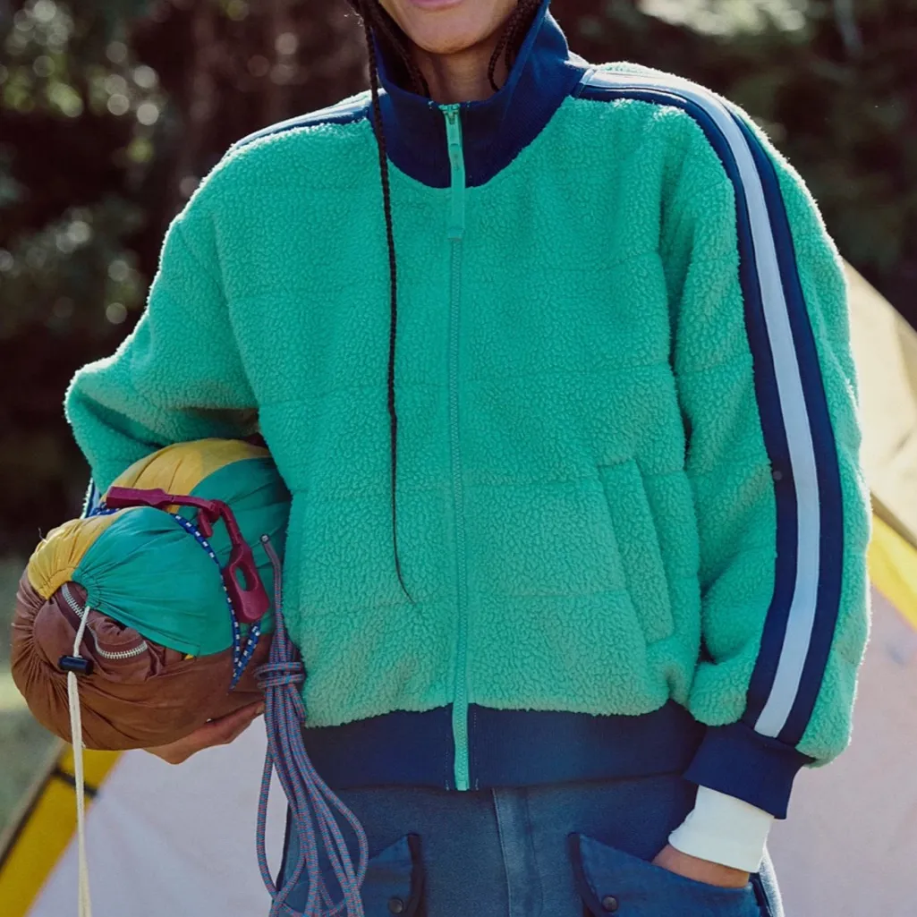 Free People FP Movement Fleecy Sherpa Scrunchy Pippa Jacket in Green & Navy - Image 2