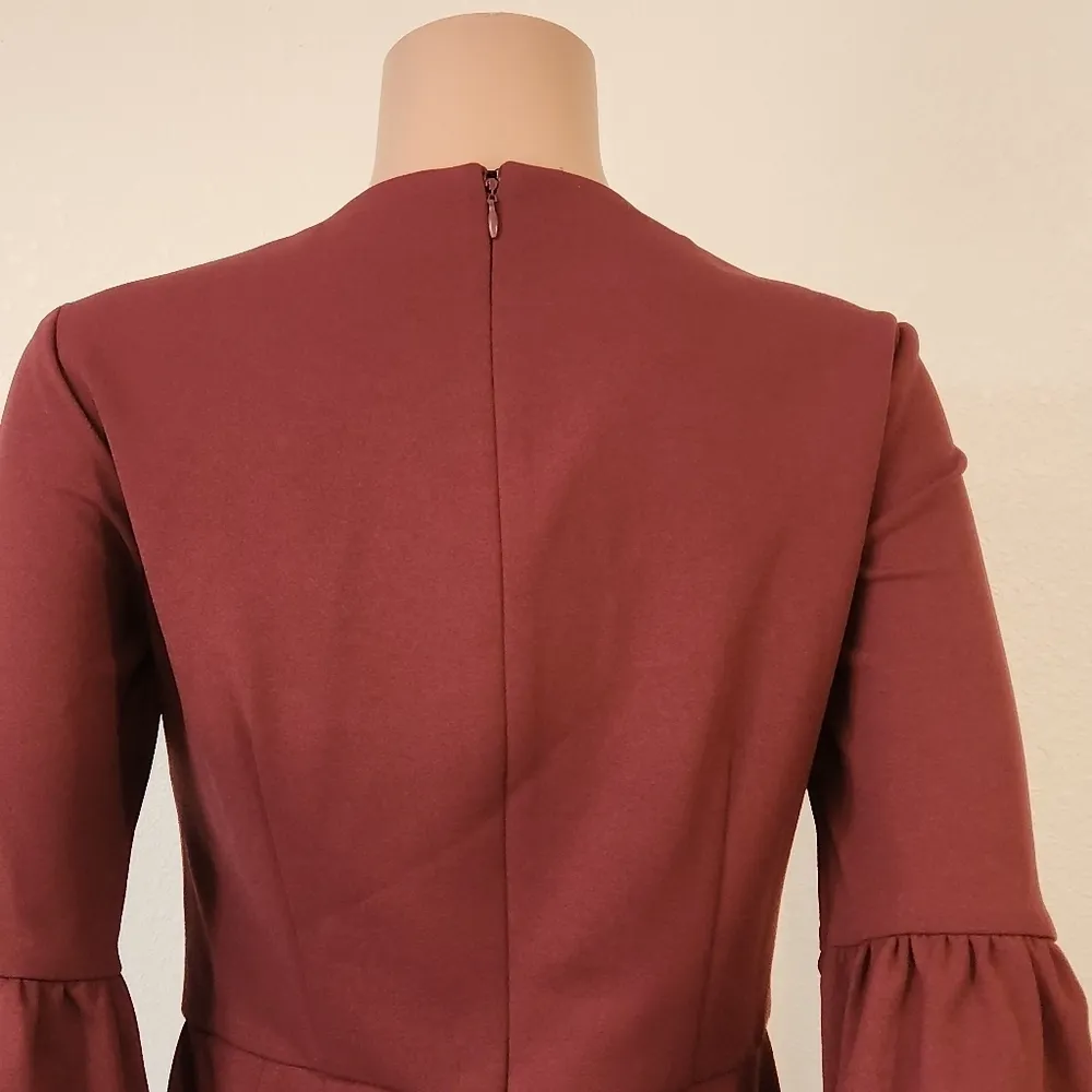 Donna Morgan Crew Neck Circular Flounce Sleeve Solid Crepe Dress Sz 6 - Image 8