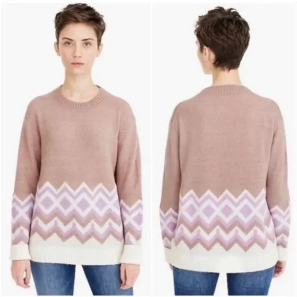 J. Crew Geometric Fair Isle Crewneck Sweater (Sz XL) Tan & Purple Oversized - Image 2