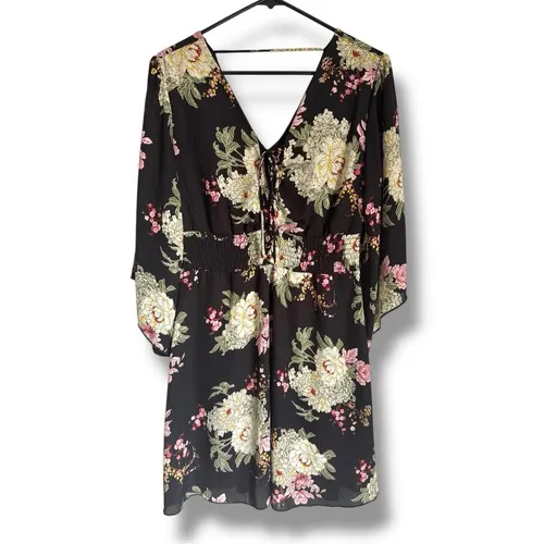 Maurices Womens sz S Floral Rutched Lace up Flowy Sleeve VNeck Dress Boho Beachy - Image 2