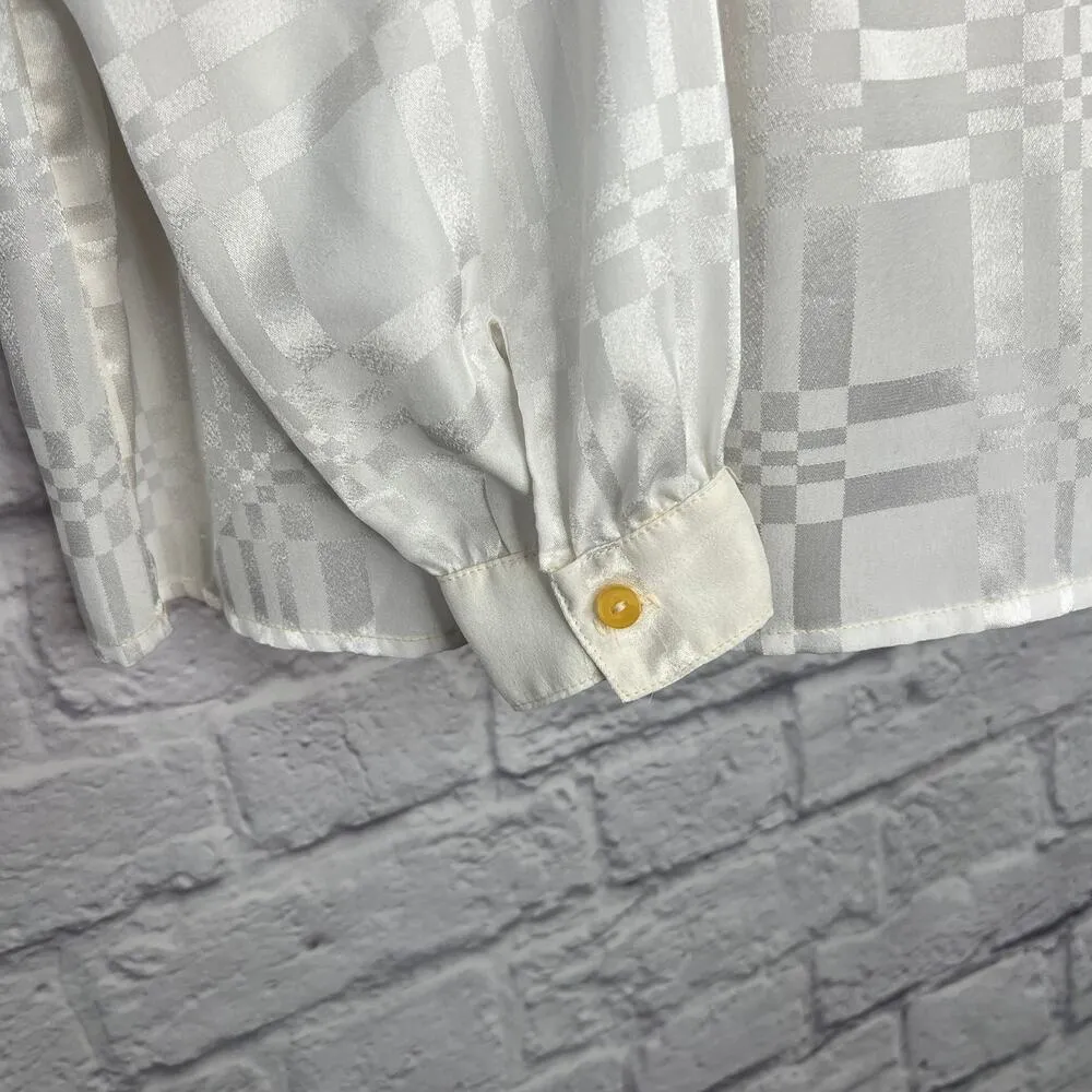 Vintage Joanna White Shiny Secretary Blouse Scarf Long Sleeve Size M Checkered Size M - Image 6