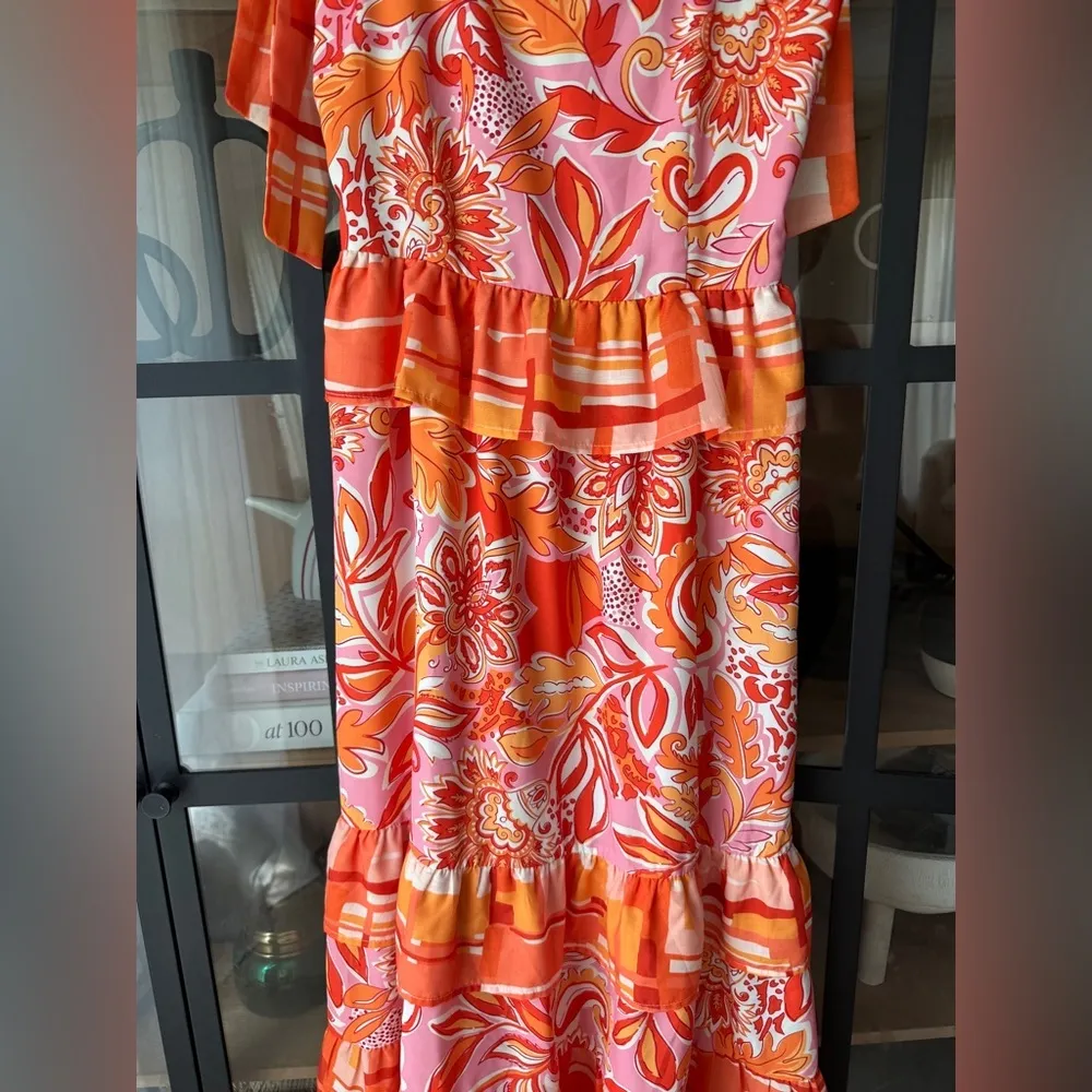 THML Floral midi maxi dress bows tie straps square neck smocked tiered ruffle - Image 7