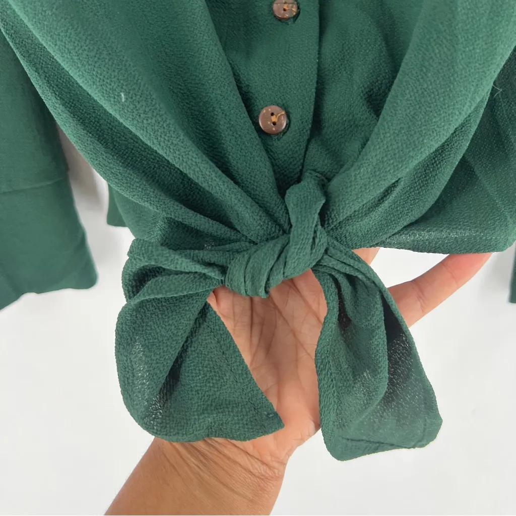 Monteau Women's Lightweight‎ Green Crepe V-Neck Tie Front Button Down Shirt XL - Image 5