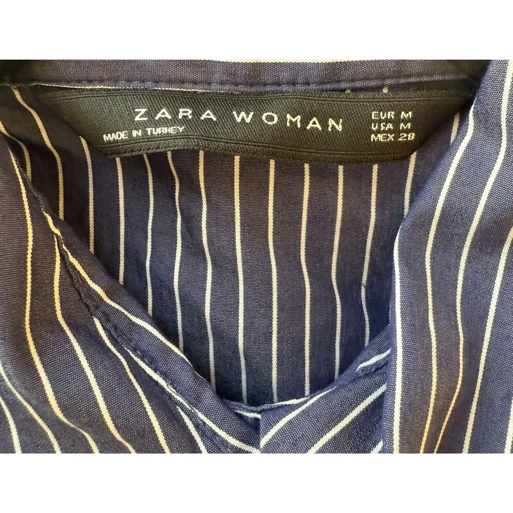 ZARA Striped Belted Midi Shirt Dress M Navy Cream Button Front cnasual women - Image 11