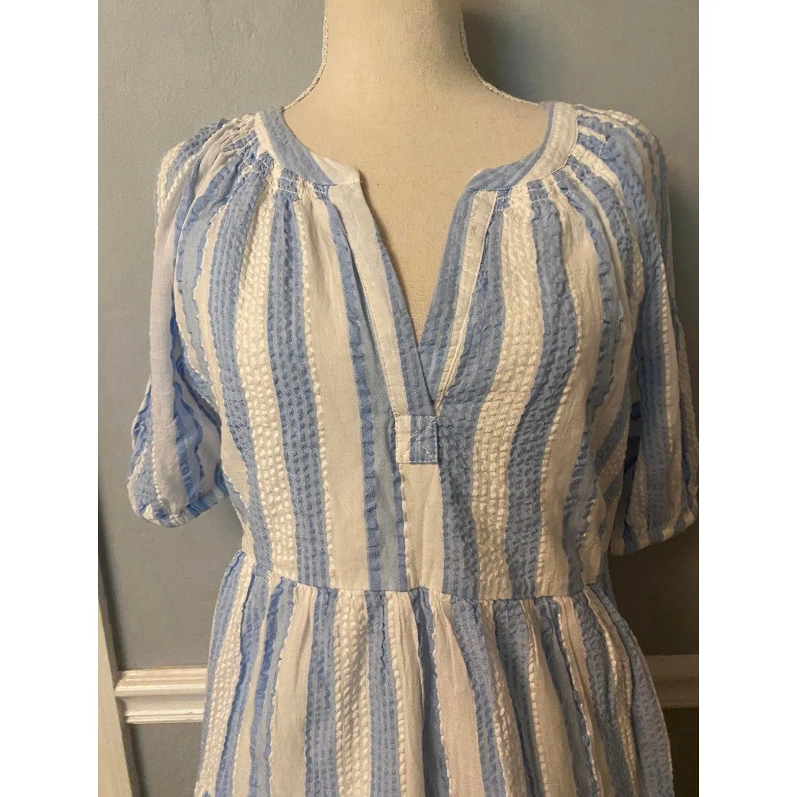 Crown & Ivy Striped Dress Size Large Cotton Blue & White Milkmaid Preppy Whimsy - Image 3