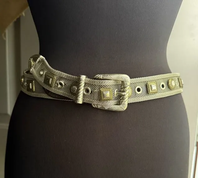 Vintage silver chain mesh studded metal western boho belt, size medium - Image 1