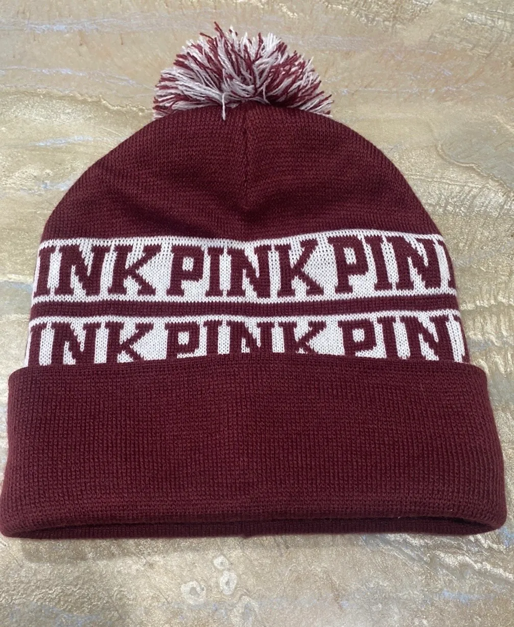 PINK Victoria's Secret Pom Pom Hat Knit Cap Maroon / See Pics & Read Description - Image 9