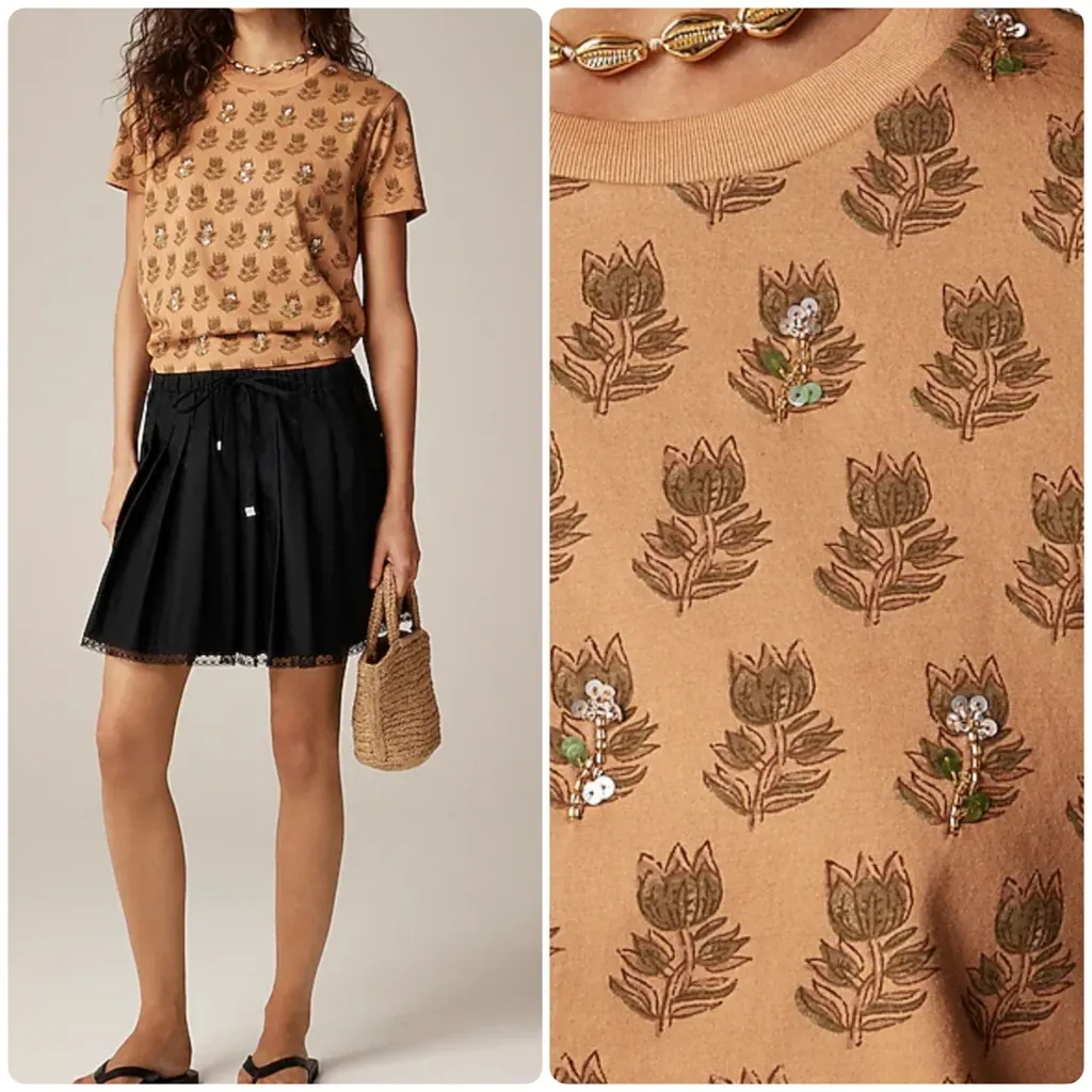 J.Crew Collection Jersey Embellished T-shirt Tan Tonal Tulip Block Print - Image 2