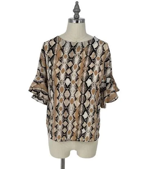 Three Eighty Two‎ | Women’s Josh Ruffle Python Tee XS Tan - Image 2