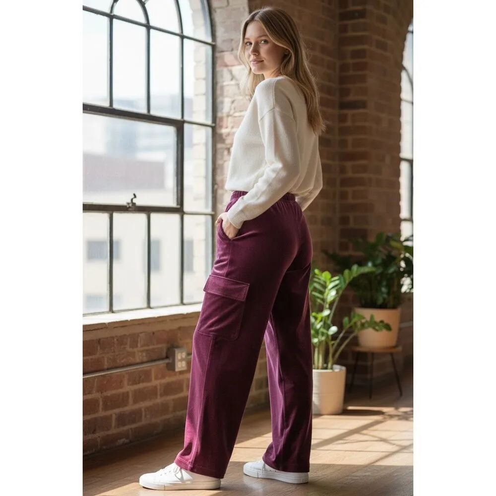 Women Wide Straight Leg Purple Velvet Cargo Pants Size L Universal Thread - Image 2