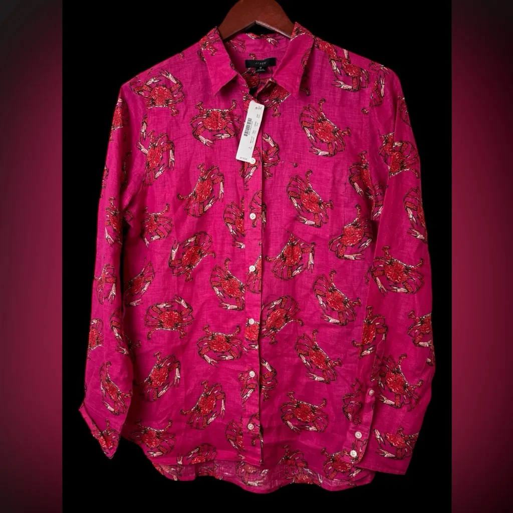 J Crew 100% linen NWT $118 Classic-Fit Boy Shirt in Ratti King Crab Print SZ 8 - Image 2