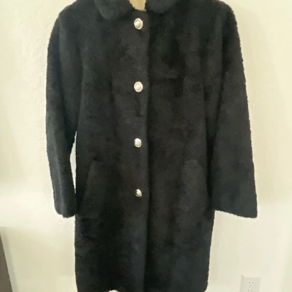 Fingerhut Mod Coat Black Faux Fur Sherpa Jacket Silver Buttons Women L XL 16 70s - Image 7