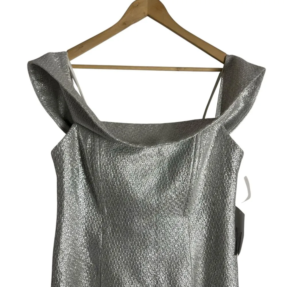 Mestiza New York Mona Silver Metallic Tweed Off the Shoulder Formal Gown 14 - Image 5