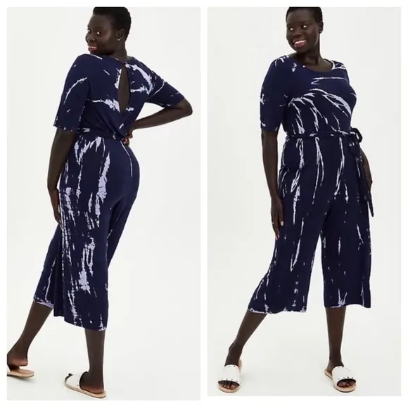 Torrid Super Soft Knit Culotte Jumpsuit in Navy and Purple Tie Dye - Size 2 - Image 2
