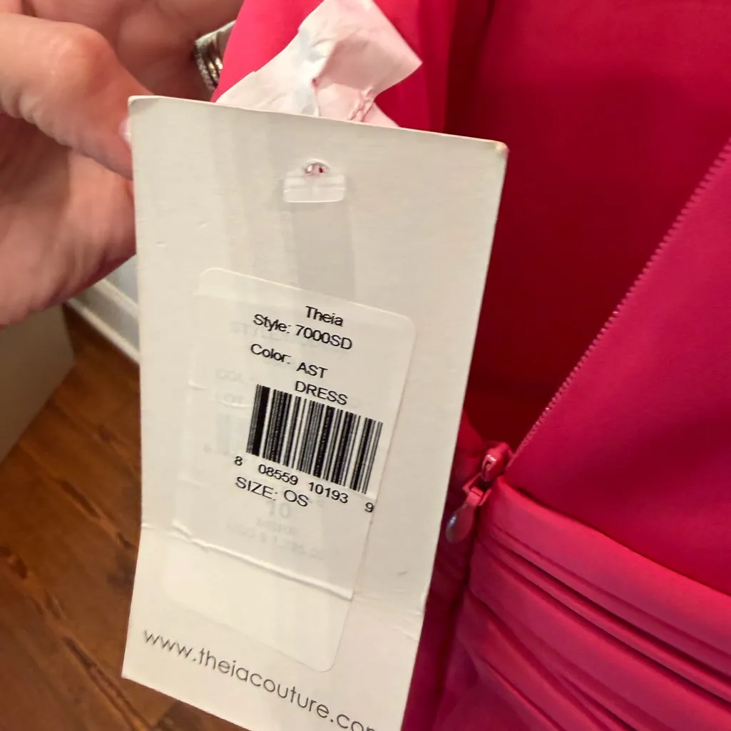 Theia Fuschia Satin Pleated Neck Bow Back Midi Cocktail Dress Pink Size 4 - Image 5