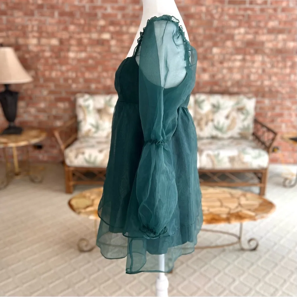 NEW Altar’d State Luretta Dress Teal Green Organza Babydoll Mini M (6/8) Party - Image 9