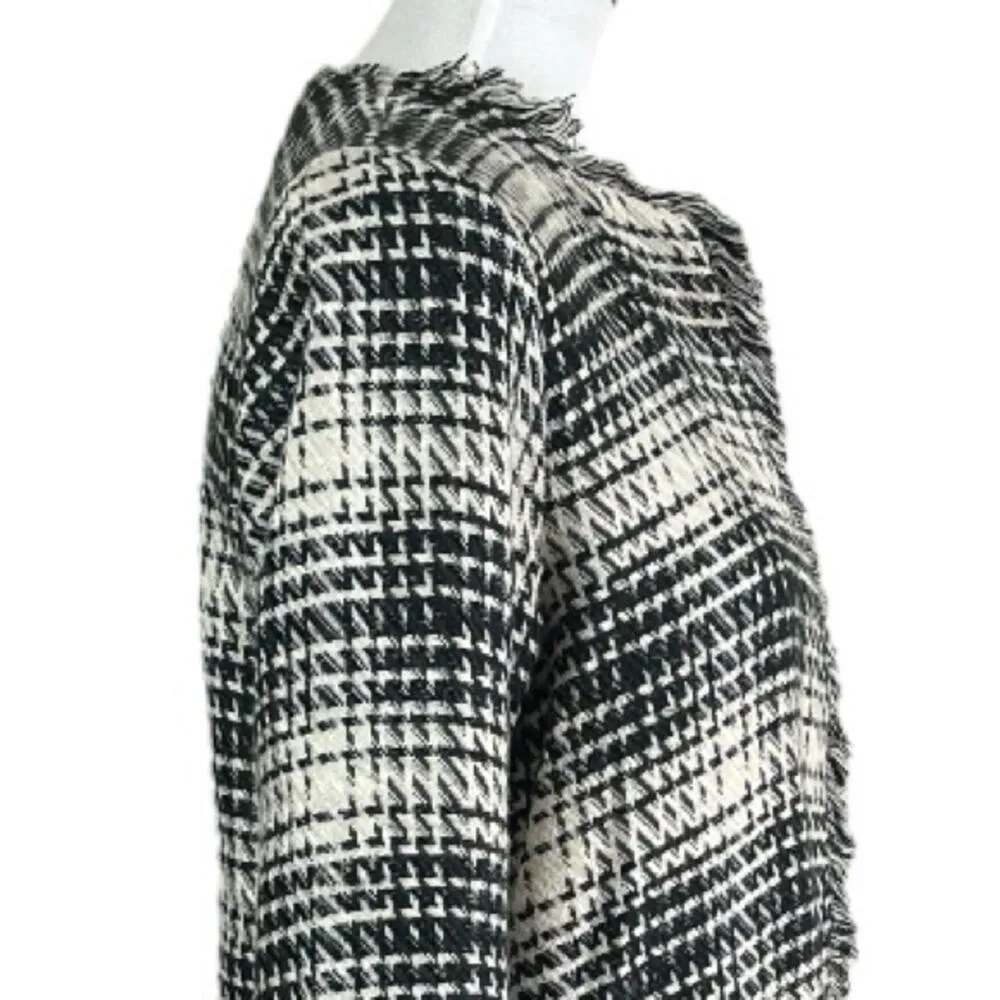 Maven West Women’s Long Jacket Open Front Fringe Black Cream Plaid Size Medium - Image 9