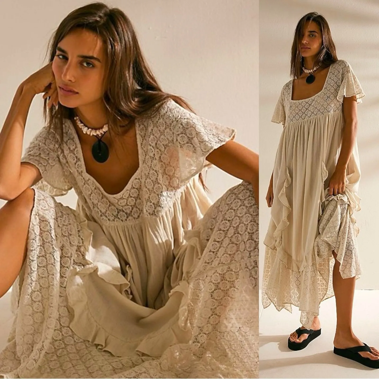 Free People Ethereal Bohemian Bring The Romance Midi Maxi Dress Neutral Large - Image 2