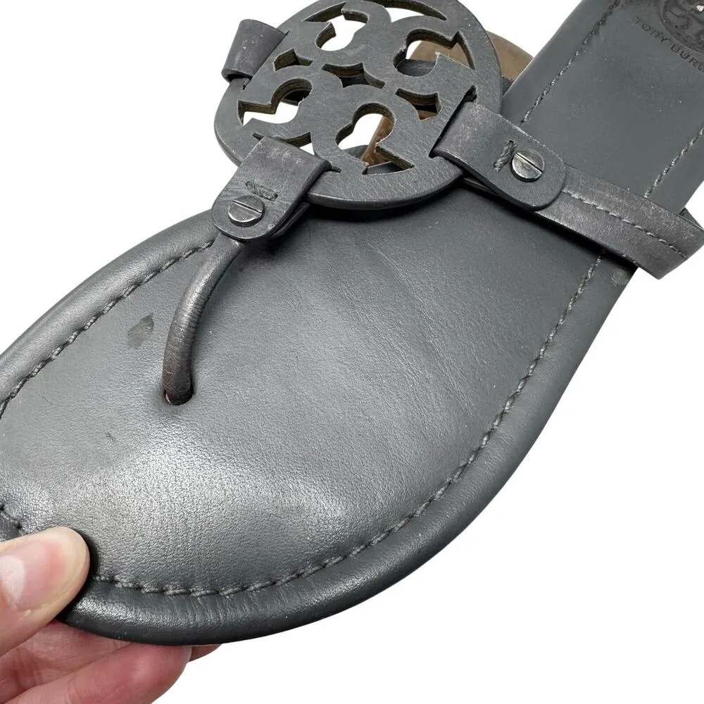 TORY BURCH Gray Grey Patent Leather Miller Classic Designer Logo Sandals Sz 8.5 - Image 8